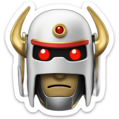 robot samurai with red eyes and gold horns on helmet sticker