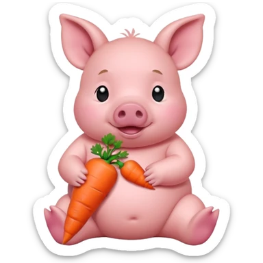 Baby Sitting Piglet – chubby piglet sitting down holding a toy carrot sticker