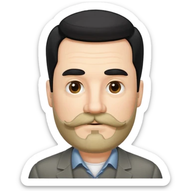 50 yr old white man, pale skin black hair with some grey highlights, side swept part, groomed moustache and beard sticker