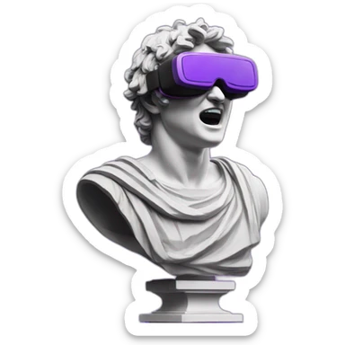 an EMOJI OF A ancient young greek statue, wearing VR headset, shouting purple colors,  sticker
