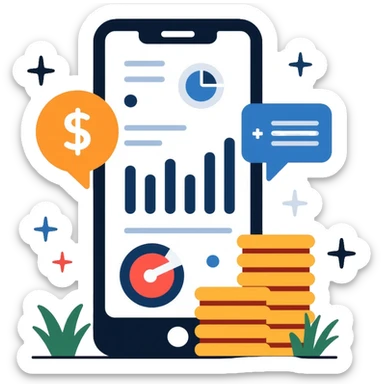 expense tracking app with dollar sign, charts, and coin stack sticker