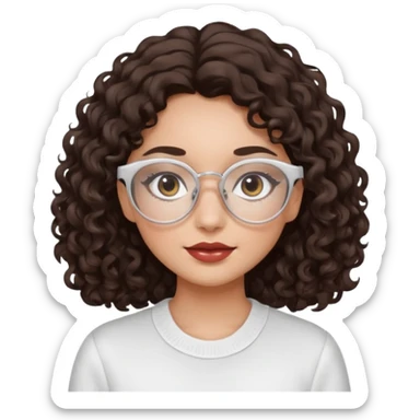 A dark brown curly-wavy hair girl with white glasses and clean girl makeup  sticker