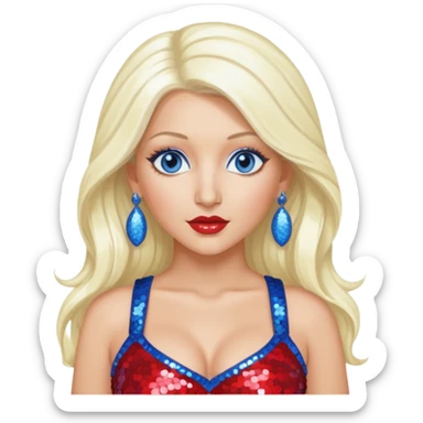 Christina Aguilera with long platinum blonde hair, periwinkle sequin crop top, red sequin pants, blue eyes sticker