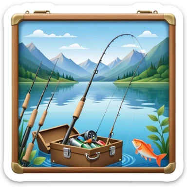 Icon for Fishing Travel: a fishing rod, tackle box and a boat on a calm lake surrounded by mountains and lush greenery, with fish jumping out of the water. The icon should capture the peaceful and adventurous nature of fishing trips. Transparent background. sticker