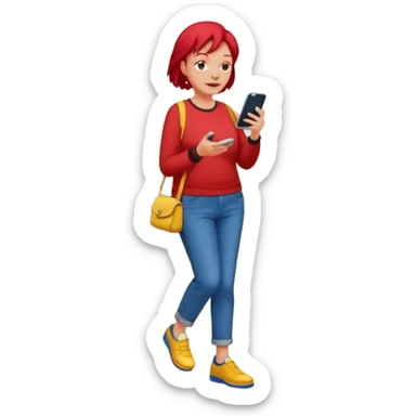 An old lady with red hair, wearing a red shirt, blue jeans, yellow shoes walking in a park holding a cell phone with a text bubble that says Have you checked in to the meetup? sticker