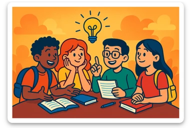 group of four students, two boys and two girls, discussing and thinking together, relaxed atmosphere, warm and inspiring background, colorful cartoon style sticker
