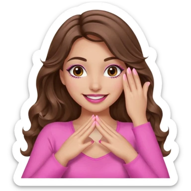 girl with long wavy brown hair, brown eyes, long lashes, sexy pink lips, light to medium complexion, wearing a pink sexy top, smiling, hands covering the eyes sticker