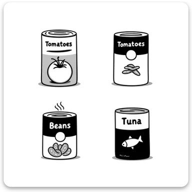 Four hand-drawn canned food items, showing different types of canned goods sticker