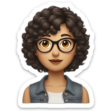 girl with short curly dark brown hair and bangs and she has glasses sticker
