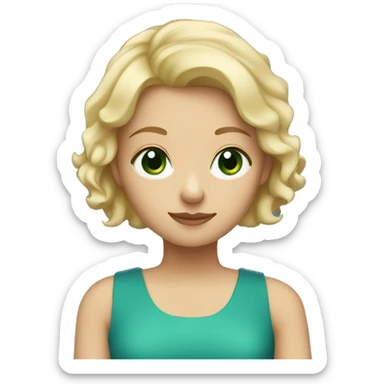 Blonde girl with green eyes and short hair down to her shoulders wearing a blue dress sticker