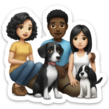 girl with white skin and black hair sitting next to a man with white skin and black hair, and a black and white colored dog sitting next to them and also a brown dog sitting next to them sticker