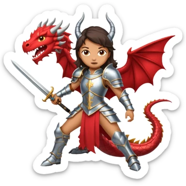 Fierce Latina in armor with a sword in a losing battle with a dragon sticker
