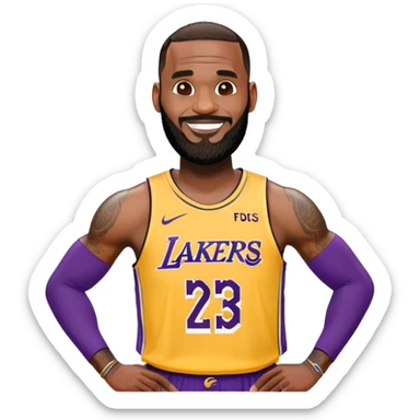 Happy smiling LeBron James in Lakers jersey with beard sticker