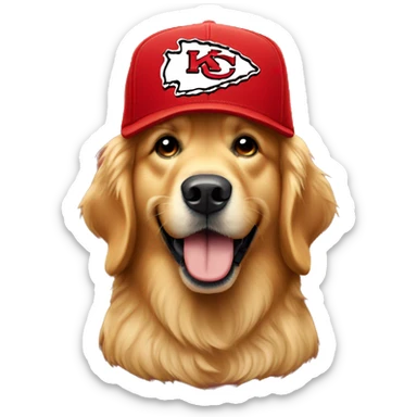 Golden retriever wearing a KC chiefs hat sticker