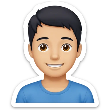 happy boy, black hair, wearing a blue t-shirt sticker