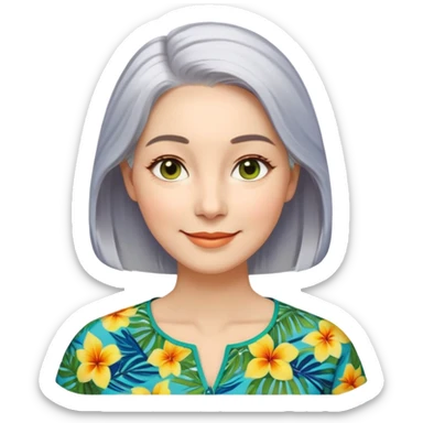 A woman with light complexion, an oval face with soft rounded features, full cheeks, gentle almond-shaped eyes with subtle smile lines, silver-gray hair parted to the side and styled loosely, wearing a vibrant tropical print blouse in blue, green, and yellow, exuding warmth and joy. sticker
