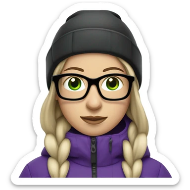 Green-eyed, slightly overweight female skier with long straight hair, glasses, purple snow jacket, long black pants, black only snow boots, black skis standing tall. sticker