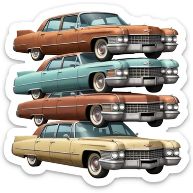 Cinematic realistic ultra HD - old abandoned Cadillac cars stacked in a pile sticker