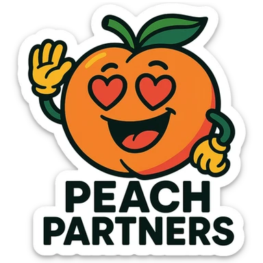 friendly peach mascot for 'Peach Partners' logo, vibrant colors, cheerful expression, peach with heart-shaped eyes sticker