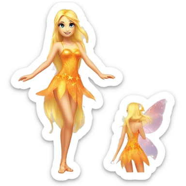 Stella adult fairy of the sun and the moon in her enchantix fairy orange two-piece clothing and fairy enchantix wings and long blonde hair from winx club. Lots of sparkles and fairydust. Full body pic and full fairy bliss sticker