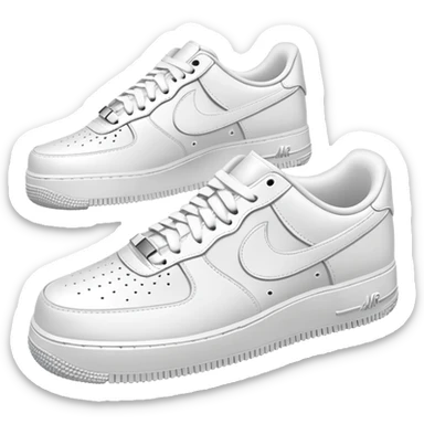A pair of all-white Nike Air Force 1 sneakers positioned with one behind the other, clean white leather, classic AF1 silhouette, chunky sole sticker