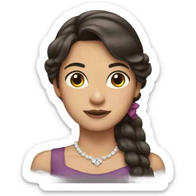 woman with long dark brown hair with bow sticker