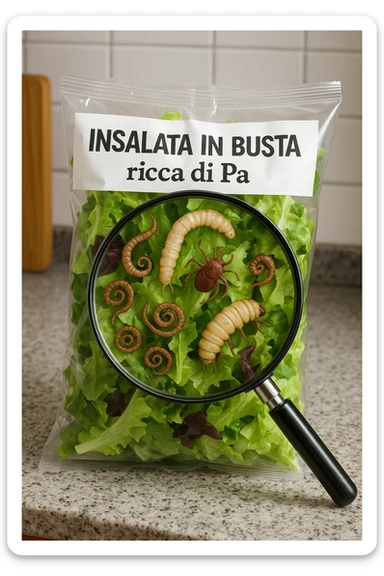 Insalata in busta ricca di pa transparent plastic bag of pre-washed salad sits on a kitchen counter. Through the bag, small, detailed images of various parasites (such as worms, larvae, or microscopic bugs) are visible among the lettuce leaves. A magnifying glass hovers over the bag, enlarging the parasites for emphasis. The mood is cautionary and educational.arassiti sticker