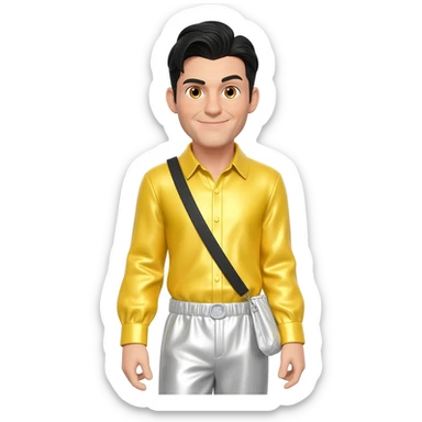 Greg Page from The Wiggles with hazel eyes, black hair, yellow metallic shirt, white metallic baggy pants s sticker