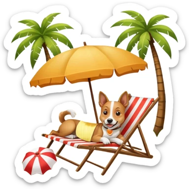 a dog laied on a beach chair, a sunny beach, a sun umbrella, and beach coconut trees. the icon should capture the essence of a relaxing beach vacation with a carefree atmosphere sticker