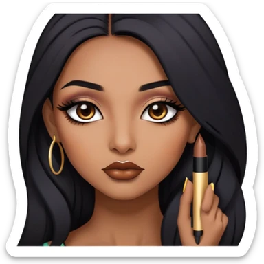 indian girl, brown skin, long black hair, brown underneath colored hair, baddie,pretty, makeup, lipliner, black eyeliner, sticker