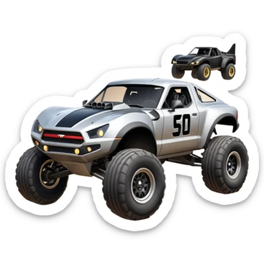 Satan’s and Vader (post race) Chardonnay-colored Dirty and dented Local Motors Rally Fighter off road race car hot rod trophy truck-style basher flying on a dusty road (silver wheels) sticker