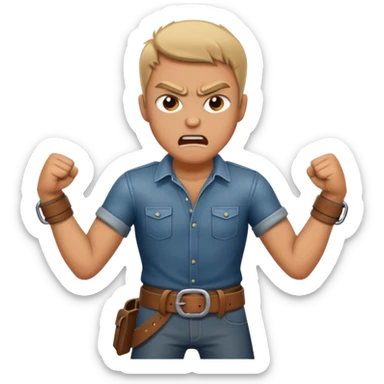 a angry man to the side slanging back and forth a belt sticker