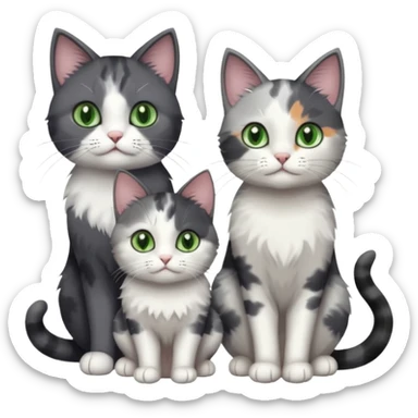 3 different coloured small cats including a dark grey and white, and a patchy calico and a completely solid dark grey with green eyes and only white paws sticker