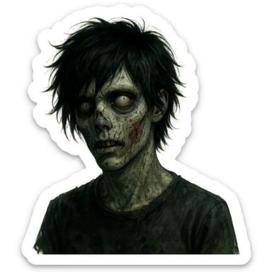 zombie boy with messy black hair, emo style, medium length, eerie and unsettling look sticker