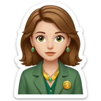 White girl with hazel Brown eyes Brown and slighly wavy medium hair. Make her with a green jacket and gold jewlery.  sticker