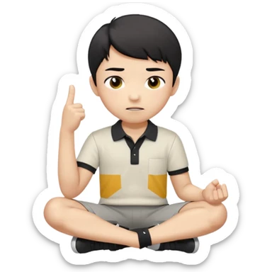 A cartoon young Asian boy with short black hair, light beige skin, and large expressive eyes, wearing a white polo shirt, gray pants, and black shoes. He sits cross-legged on the ground, one fist resting on his cheek, with a closed-mouth smirk. Clean lines, flat colors, solid black background. sticker