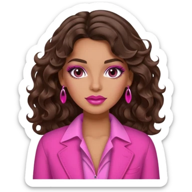 brunette tanned wavy hair woman. 2026 written above her. pink vibes sticker