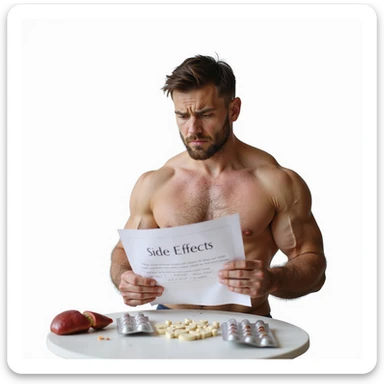 inexperienced bodybuilder consulting a sheet with side effects, blister packs of pills and symbol of inflamed liver beside him, worried expression, isolated on white background sticker