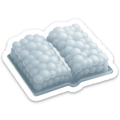 thick open book made entirely of small, very bright white fluffy convex clouds, matte glass style, no background, emphasis on volume and glowing white clouds sticker