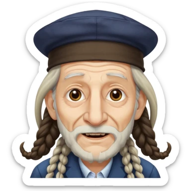 Jewish elderly man emoji with long dread hair on the sides and jewish hat, long big nose and crooked teeth sticker
