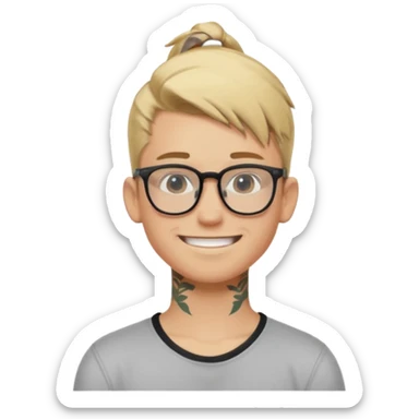 blond hair teen boy pony tail undercut with tattoo on his neck, wearing glasses, strong built, smile warmly  sticker
