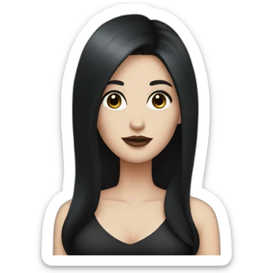 pale woman with long black hair and dark makeup wearing black dress sticker
