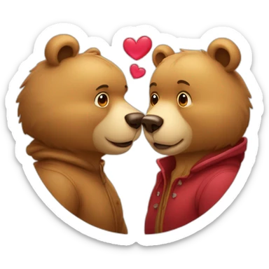 Female bear and male bear kissing, face only, hearts above them sticker