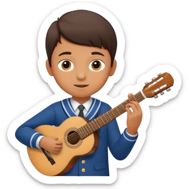 Teen boy – wearing school uniform, holding classical guitar, practicing chords. sticker
