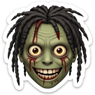 zombie with brown skin, messy black dreads hair, wide centered brown eyes, dark bloody marks under the eyes, and a smile showing grillz, giving a distressed, undead look. sticker