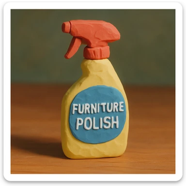 claymation style close-up of Pledge-like furniture polish bottle on a wooden table, soft lighting, pastel colors sticker