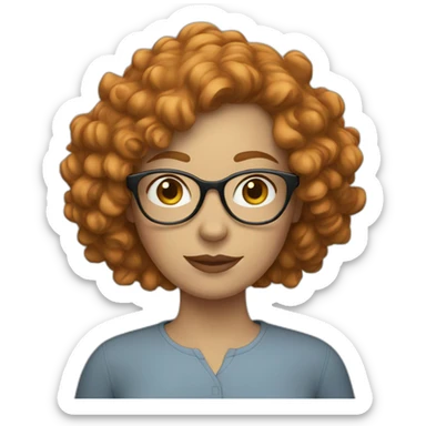 white woman with short curly ginger hair clear glasses sticker
