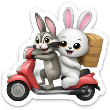 bunny giving a ride to raccoon both on a scooter sticker