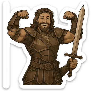 Transform the figure of Jesus into a warrior while keeping the muscular body and smile. Add detailed warrior armor, a sword, and a heroic pose. Maintain the original style and ensure the background is transparent. sticker