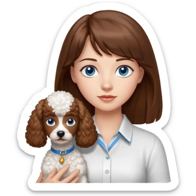 Kobieta z długimi brązowymi włosami, ma grzywkę i niebieskie oczy. Ubrana w białą koszulę. Trzyma na rękach brązowego pudelka. sticker